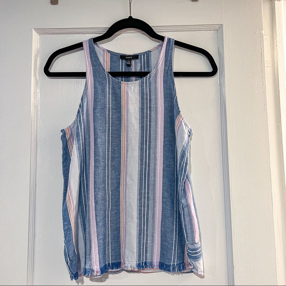 ANTHROPOLOGIE DREW Striped Linen Chambray V Neck Tank Top Fringe Hem NWT Size XS